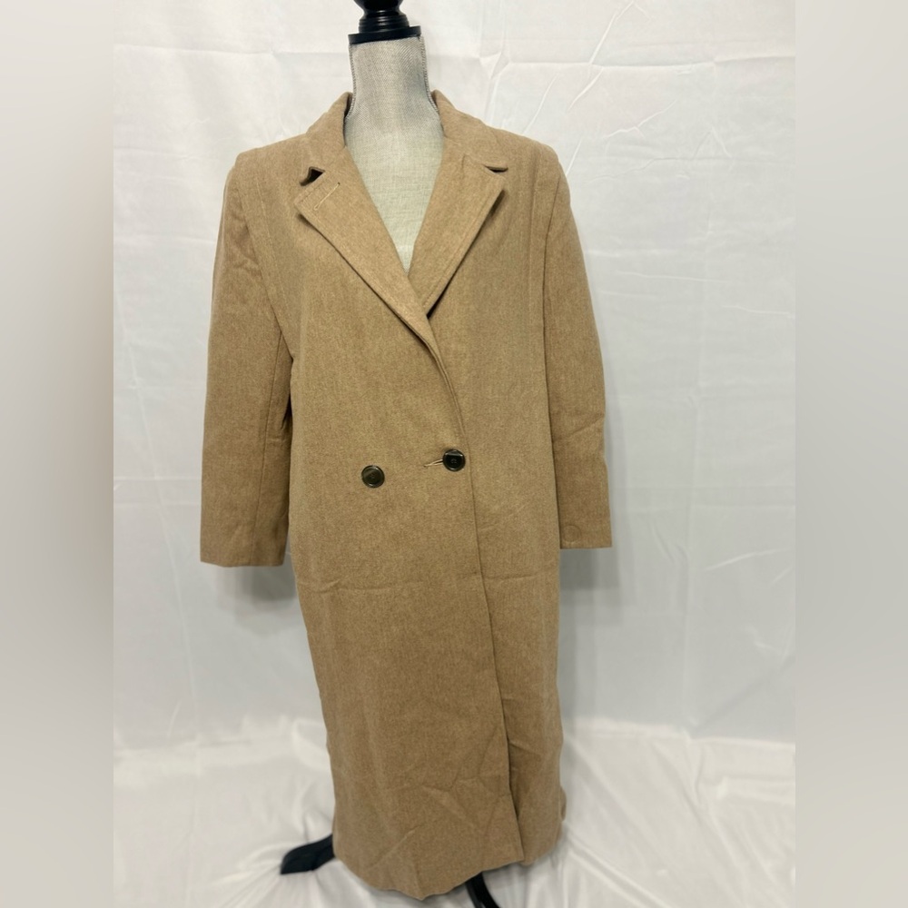 VTG Men's 100% Wool Light Brown Double Breasted Long Coat with Silk Lining Sz L